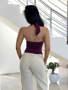 Vassilux Women's Purple New Year Party Fashionable Sexy Solid Color Metal Button Decorated Backless Tank Top/Summer / New Year's For Women/Party Top For Women / Red Tops For Women/Casual Women's/Going Out Tops For Women/Night Out/Color Of The Year 2026/New Year Look Women 2026/Cute Tops,Tank Top - Red Violet - View 2