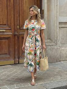 Hansera Women's Summer Casual Vacation All-Over Print Notch Neck Ruffle Hem Dress - Multicolor - View 4