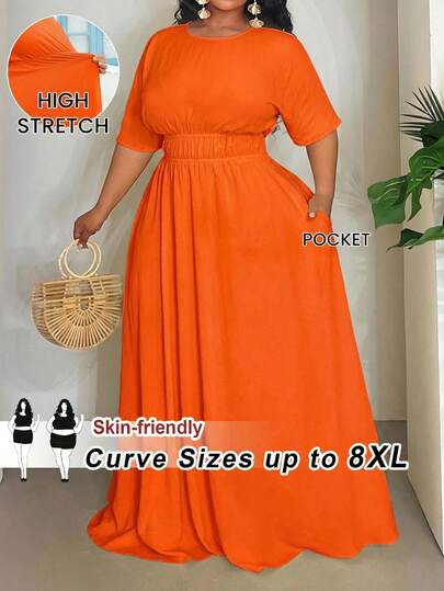 SHEIN CURVE+ Đầm dài cỡ lớn dành cho nữ, thích hợp mặc trong kỳ nghỉ, dạo chơi, dự tiệc sang trọng và lãng mạn, màu vàng trơn, tay raglan, eo chun, co giãn, dáng xòe rộng, chất liệu vải dệt họa tiết.