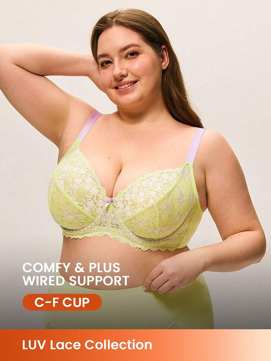 LUVLETTE Áo ngực ren không lót, thoáng khí, che phủ toàn diện, phối lưới, chi tiết khoét lỗ, màu xanh lá nhạt và tím, mỏng nhẹ, giúp thu nhỏ vòng ngực, thích hợp cho cô dâu. - màu xanh lá - Xem 1