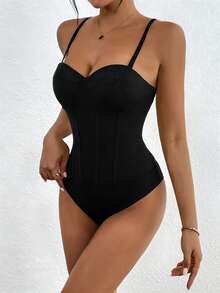 Zolique Women's Solid Color Casual Versatile Daily Wear Bodysuit Bodysuits For Women Basics Bustier Tops For Women - Black - View 3