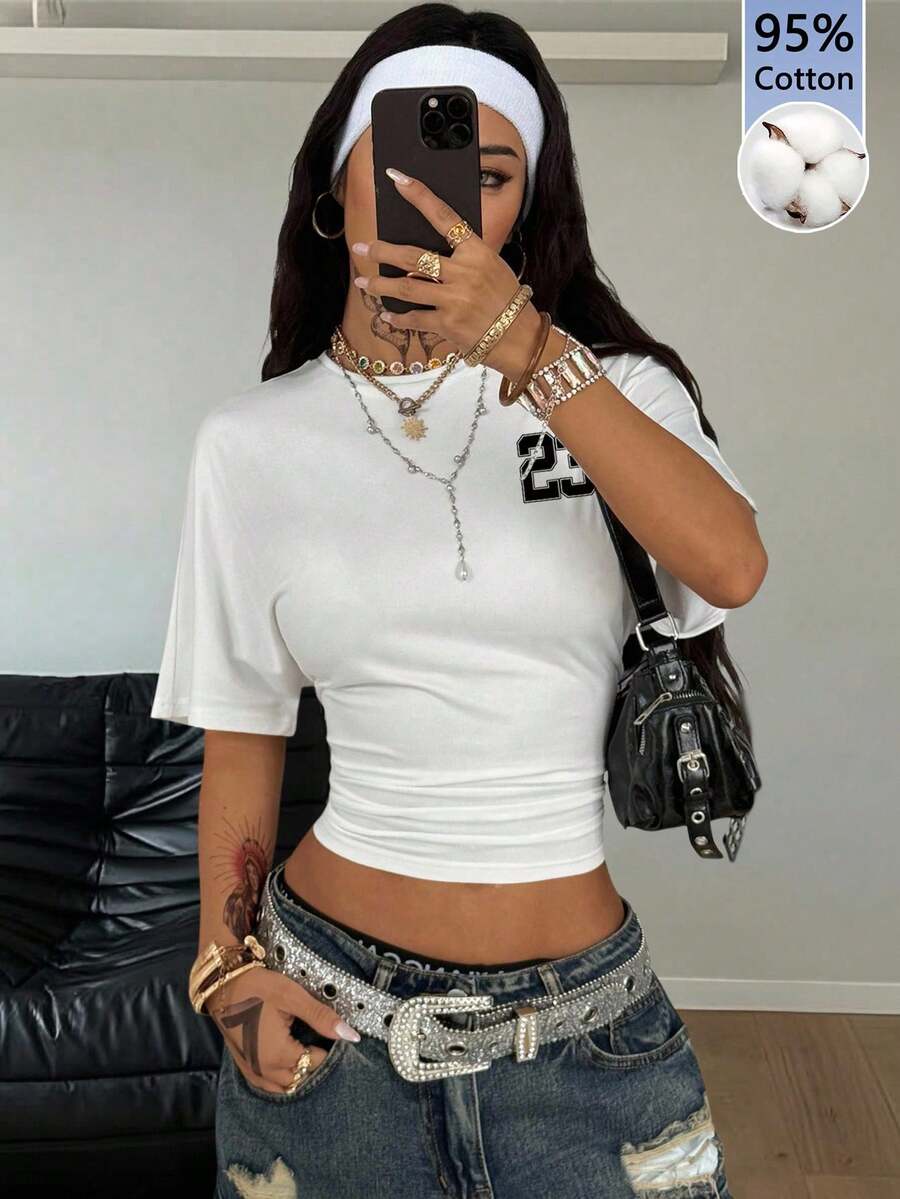 Coolane Áo thun nữ cổ tròn tay ngắn xếp ly dáng lửng 95% cotton với họa tiết NO.23 Jersey – Phong cách lễ hội âm nhạc miền Tây & đường phố, thoải mái mùa xuân/hè, retro vintage Y2K Grunge Punk Gothic St - trắng - Xem 1