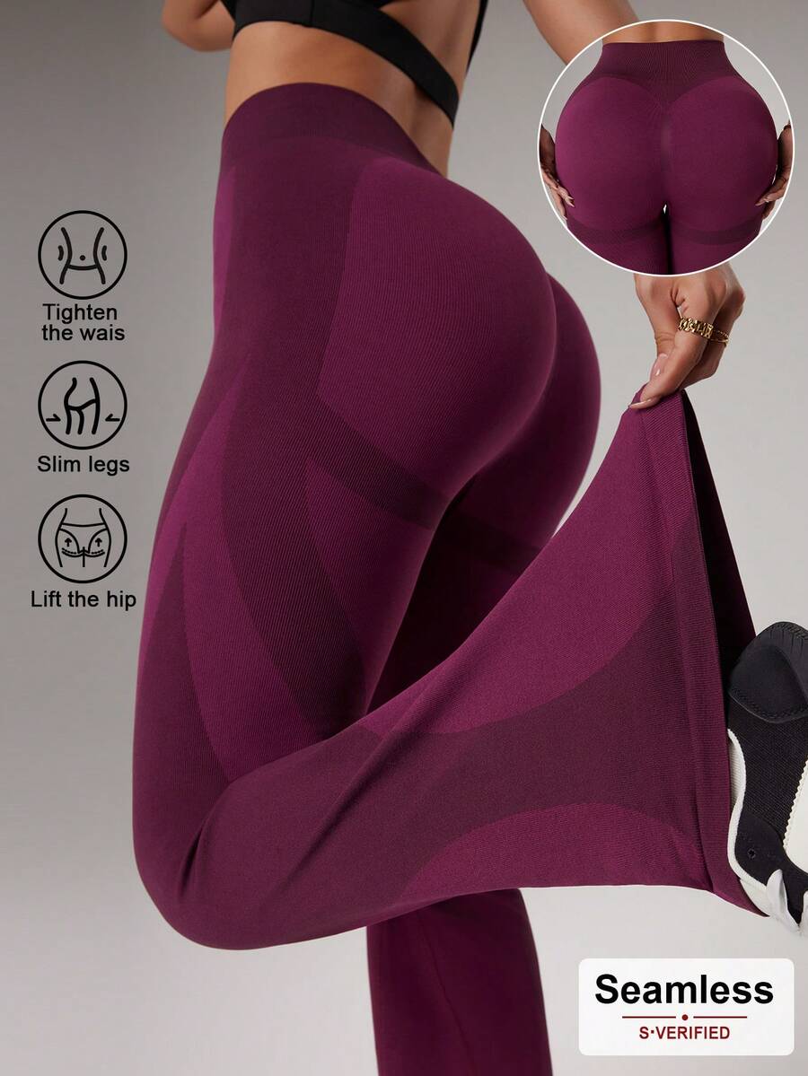 Dewbera Pantalones de yoga sin costuras acampanados, mallas deportivas, ajustados y con pierna acampanada, pantalones deportivos de moda - Burdeos - Ver 1