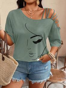 EMERY ROSE Plus Size Asymmetric Strap Portrait Print Short Sleeve T-Shirt - Multicolor - View 7