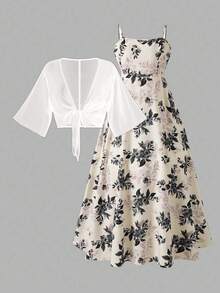 Rometta 大码女士优雅雪纺外套搭配碎花连衣裙两件套，A字型碎花连衣裙配细肩带，修身显瘦设计，适合返校、毕业典礼、情人节、音乐节、母亲节、万圣节、感恩节、复活节、国庆节、舞会、约会、派对、婚礼、户外活动等场合。 - 杏色 - 查看 3