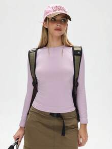 WanderVale 1 pieza Camiseta básica de manga larga con absorción de humedad para mujer, adecuada para yoga/fitness - Púrpura malva - Ver 5