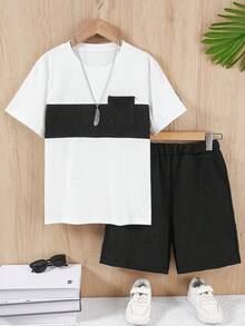 Mirajuku 2 pièces/Set Tenue à la mode pour garçon préadolescent, contraste de couleurs, design minimaliste avec poches, décontracté et cool, convient pour le port quotidien et les sorties - Noir - Voir 6
