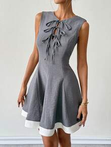 Franclia 女士优雅系腰无袖蝴蝶结连衣裙，夏季 - 灰色 - 查看 3