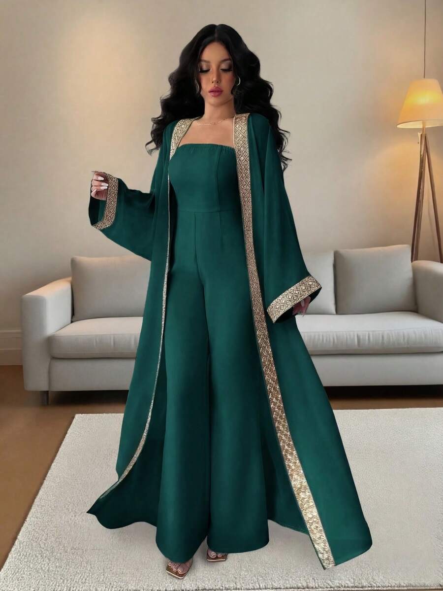 Rafferiza Women's Strapless High-End Jumpsuit With Extra Long Gold Lace Patchwork Chiffon Shawl 2 Pieces Set - Dark Green - View 1