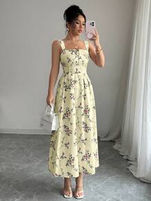 Elenzga Latest Spring/Summer Floral Print Elegant Waist Gathering Pleated Long Dress For Women - Yellow - View 5