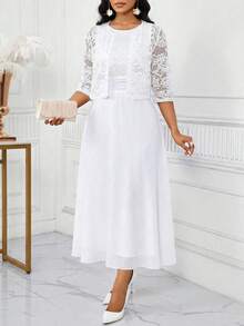 SHEIN Lady Women's Floral Lace Front Open Blouse And Sleeveless Dress Elegant 2 Pieces Set - White - View 6