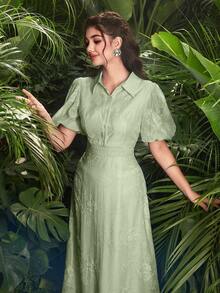 Modelyn 女款領口腰部綁帶泡泡袖刺繡洋裝 - 綠色 - 查看 6