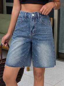 DAZY Quần short denim nữ dáng suông, cạp trung bình, rách tua rua, đính đá lấp lánh, thích hợp mặc mùa hè. - Rửa trung bình - Xem 7