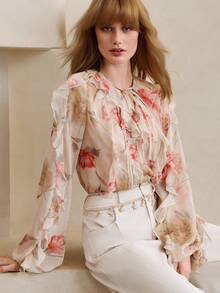 Arave Women's V-Neck Chiffon Fabric Long Sleeve Ruffle Striped Casual Blouse - Apricot - View 1