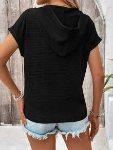 EMERY ROSE Plus Size Women's Solid Color Batwing Sleeve Button Design Drawstring Hooded T-Shirt - Black - View 2