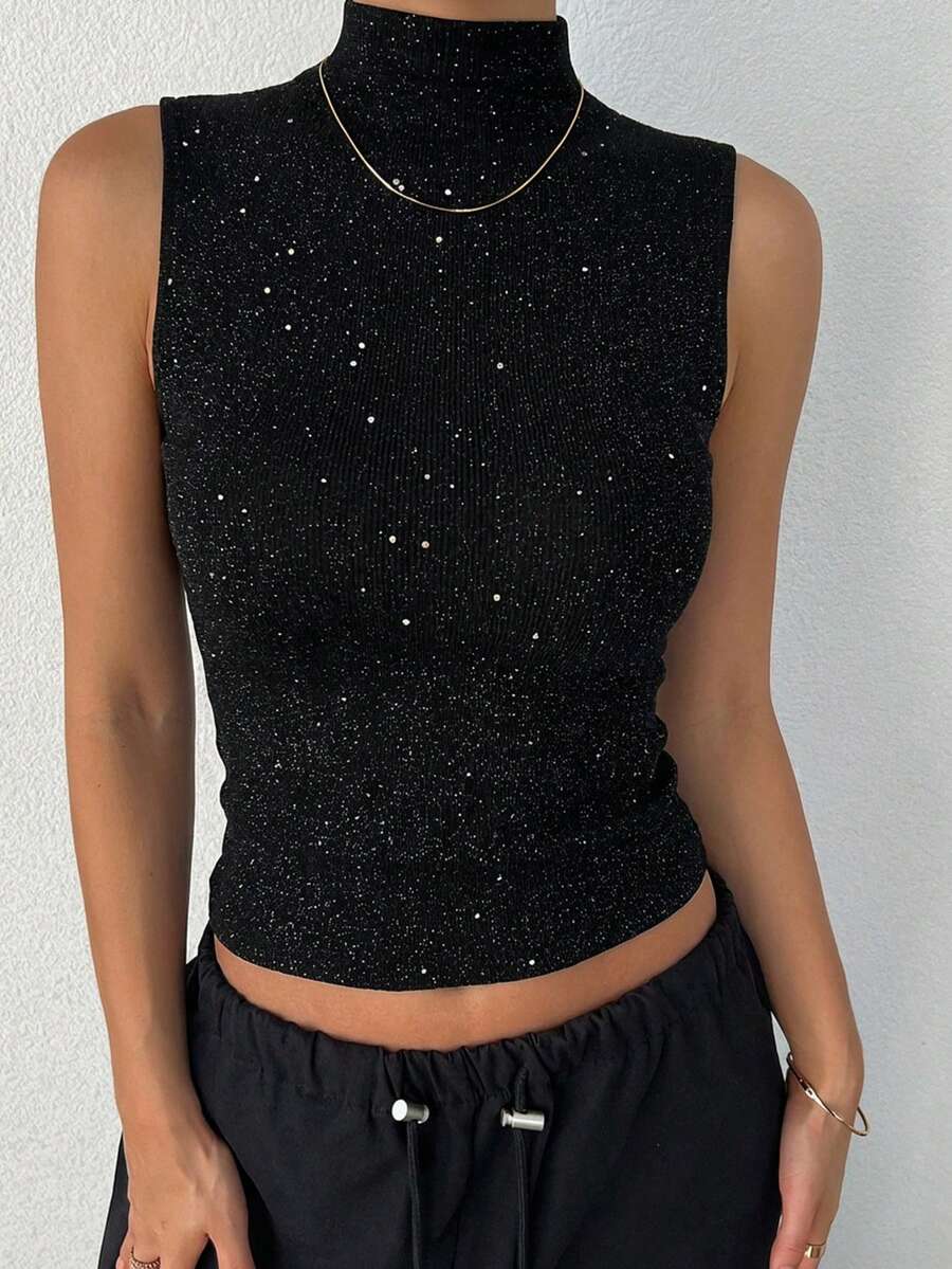 DAZY Women's Turtleneck Slim Fit Sequin Camisole - Black - View 1