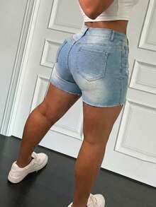 SHEIN ICON 女士高腰口袋做旧毛边牛仔短裤 - 藍色 - 查看 3