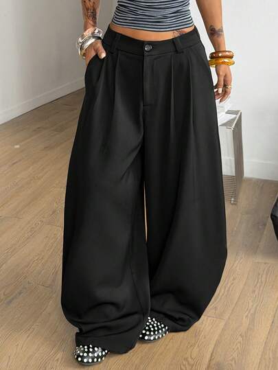 Coolane Quần ống rộng xếp ly màu đen dành cho nữ