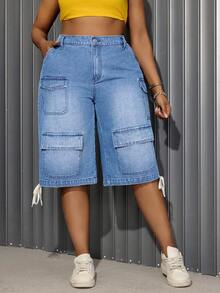 SHEIN SXY 大码女式音乐节宽松抽绳直筒牛仔工装七分裤 - 淺色水洗藍 - 查看 5