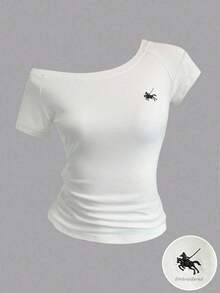 SHEIN Tween Girls White Asymmetrical Shoulder Embroidered Decorative Fitted Short Sleeve T-Shirt, Summer - White - View 1