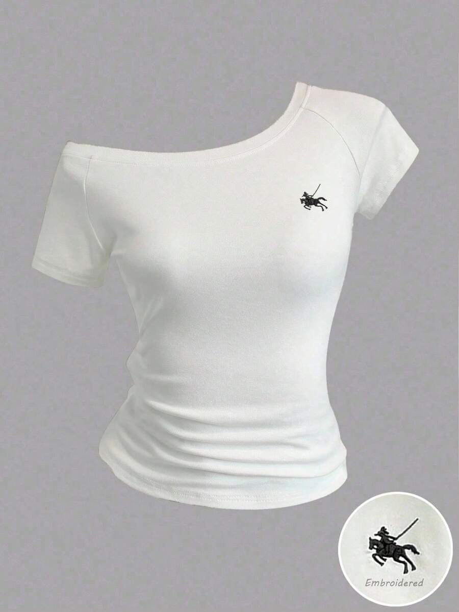 SHEIN Tween Girls White Asymmetrical Shoulder Embroidered Decorative Fitted Short Sleeve T-Shirt, Summer - White - View 1