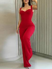 SHEIN LUNE Sexy Backless Criss-Cross Strap Slim Straight Leg Jumpsuit For Women - Red - View 3