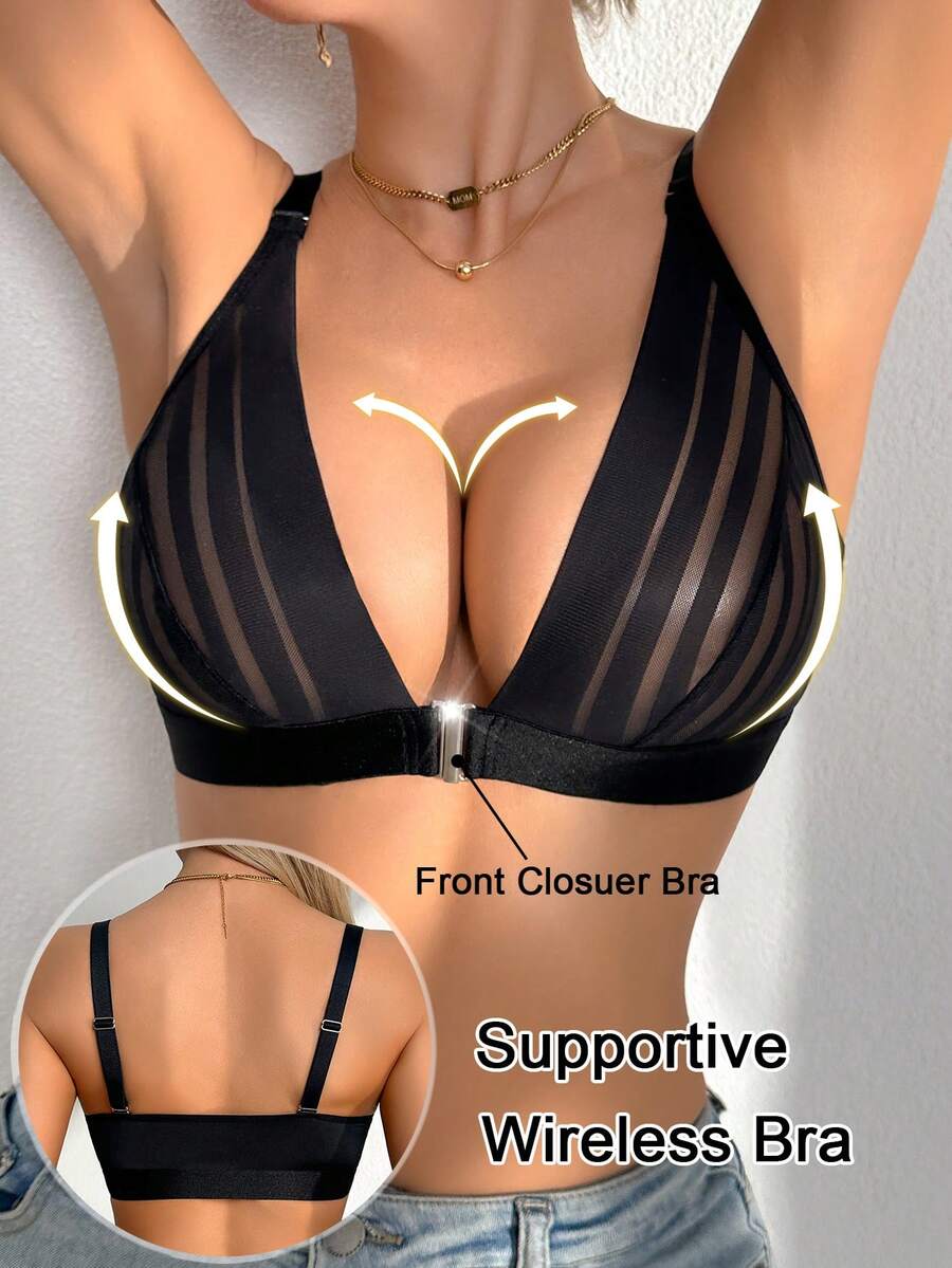 内衣睡衣一体式网纱拼接露背深V文胸，可调节肩带，无钢圈 - 黑色 - 查看 1