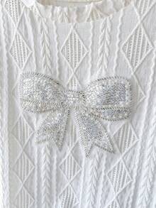 少女白色春夏休闲优雅宽松落肩圆领纹理刺绣细节串珠超大蝴蝶结装饰T恤，杏色 - 白色 - 查看 5