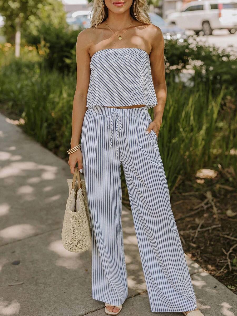 Coeurva 女士春夏时尚休闲优雅浪漫简约条纹两件套，适合日常穿着，蓝色两件套和白色两件套 - 藍白色 - 查看 1