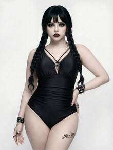 ROMWE Áo tắm liền thân màu trơn phong cách Gothic dành cho nữ cỡ lớn - màu đen - Xem 5