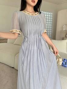 Modelyn 女士撞色领口和袖口简约休闲圆领短袖中长连衣裙 - 淺藍色 - 查看 5