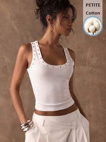 SHEIN BAE 小码休闲简约风97%棉质罗纹白色箔片装饰女士背心，适合春夏穿着。 - 白色 - 查看 8