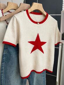 SHEIN Franclia Casual Loose Round Neck Short Sleeve Knit Star Jacquard Contrast Trim Design Apricot Women's Spring/Summer Knit Top - Apricot - View 5