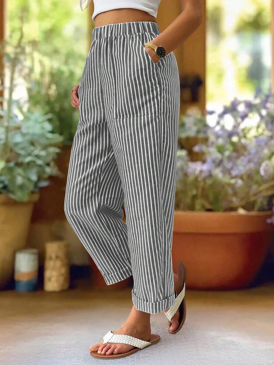 EMERY ROSE Elastic Waist Striped Casual Pants - Multicolor - View 1