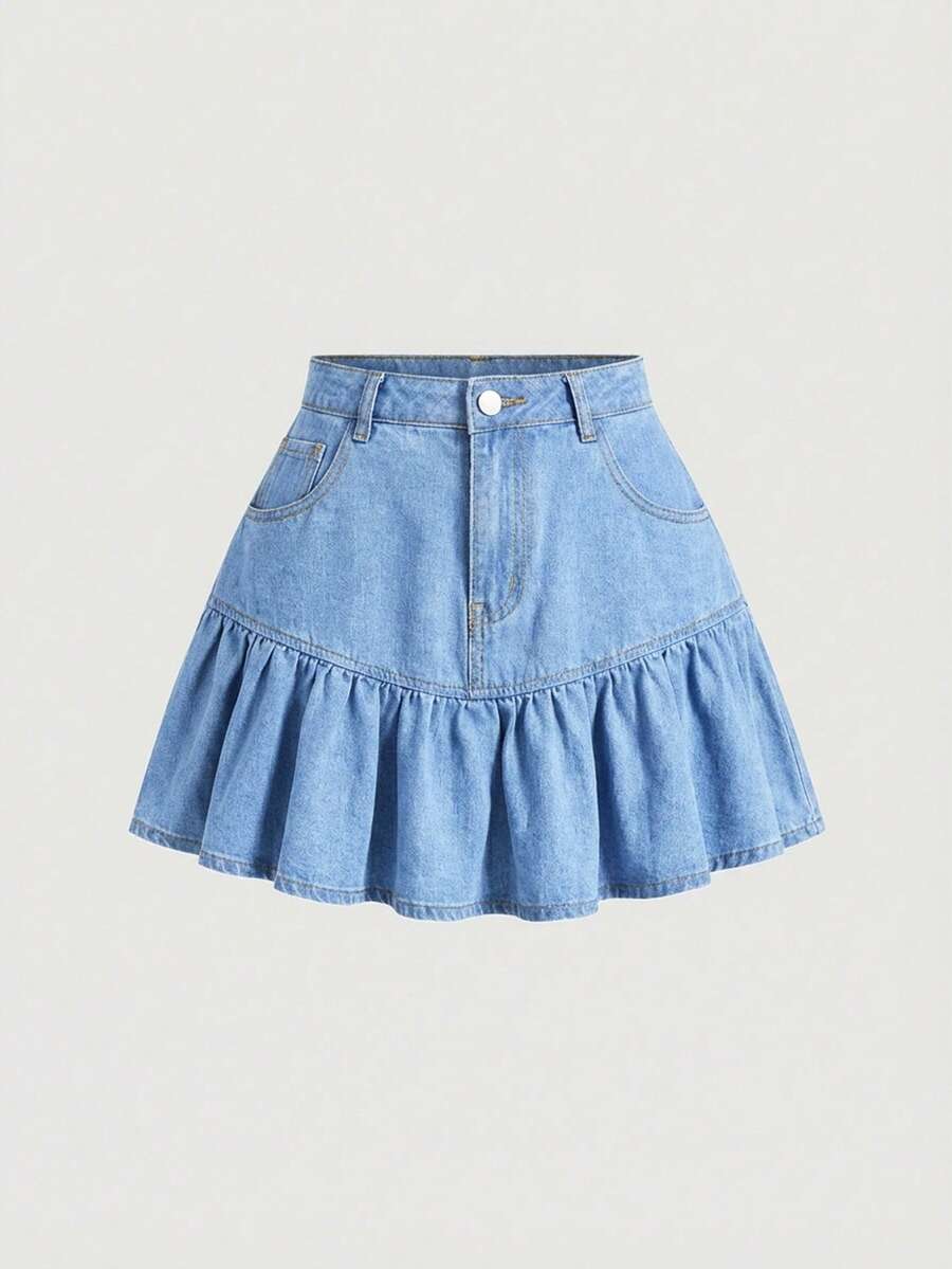 SHEIN MOD Chân váy denim nữ kiểu dáng thường ngày, đa năng, có bèo nhún ở gấu. - Rửa nhẹ - Xem 1