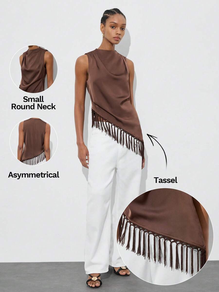 Maija 女士纯色无袖上衣，不对称下摆饰有流苏，适合夏季圣帕特里克节、复活节、海滩度假、各种场合，也适合夏季外出、毕业典礼等休闲场合。 - 咖啡棕 - 查看 1