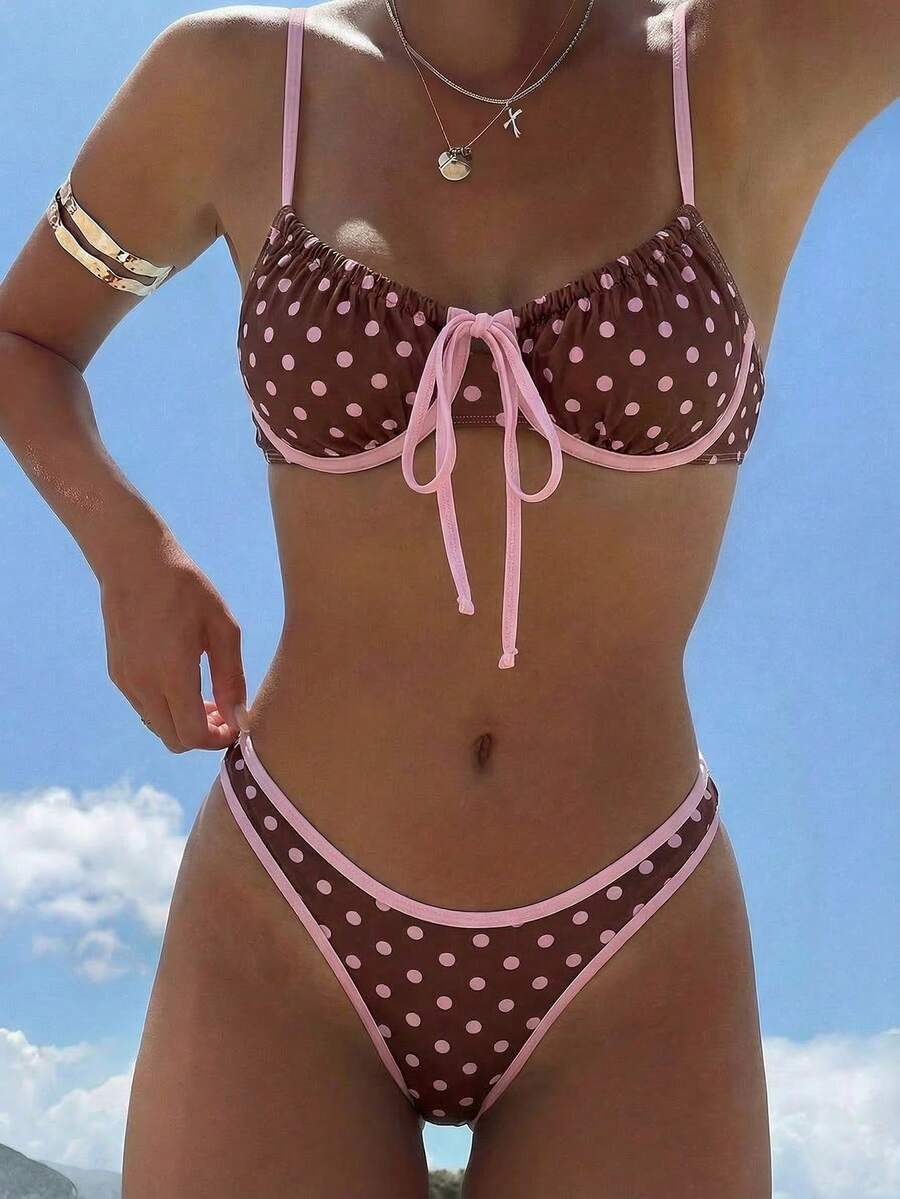 Swim Mod Bộ bikini 2 mảnh mùa hè dành cho nữ, in họa tiết chấm bi, có gọng, thắt nơ kiểu yếm và quần bikini viền bèo nhún, thích hợp cho kỳ nghỉ biển. - Nhiều màu - Xem 1