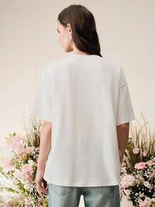 Anewsta Camiseta de cuello redondo, nueva moda primavera/verano, holgada, decorada con remaches y perlas, de algodón puro, unicolor, de manga corta - Blanco - Ver 2