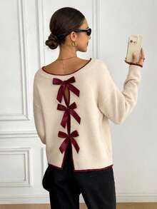 Serisse Suéter de mujer de estilo minimalista casual con ribete de contraste en vino tinto, lazo en vino tinto y bordado de corazón en vino tinto, adecuado para otoño/invierno, fiestas, versátil - Multicolor - Ver 8