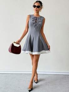 Franclia 女士优雅系腰无袖蝴蝶结连衣裙，夏季 - 灰色 - 查看 7