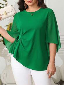 Reflora Plus Size Solid Color Minimalist Casual Round Neck Long Sleeve Shirt - Green - View 5