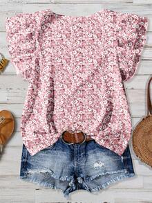 SHEIN Clasi 休闲简约复古硬币图案碎花女式衬衫，荷叶边袖口装饰，适合春夏度假穿着 - 彩色 - 查看 2