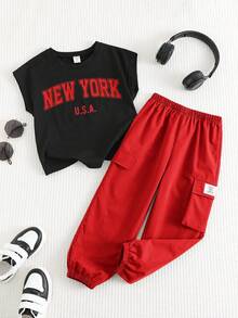 SHEIN 2 piezas Conjunto de niños pequeños de top sin mangas impreso y pantalones con cordón, cómodo y versátil - Rojo - Ver 8