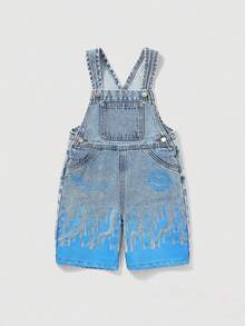 Young Boy Flame Letter Print Blue Denim Bib Shorts - Light Wash - View 3