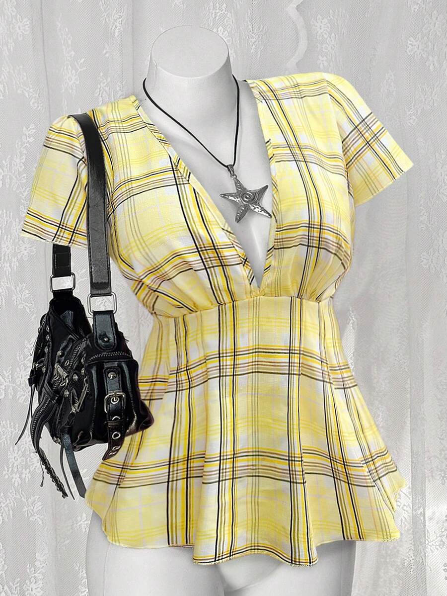 Sunspun 大码复古粉色格子衬衫，可爱修身格子条纹休闲舒适衬衫 - 鵝黃色 - 查看 1