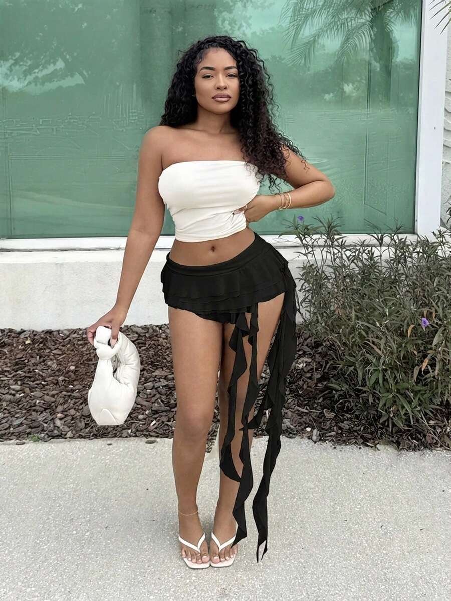 Alexandranx 黑色蕾丝不对称荷叶边下摆优雅甜美半身裙,沙滩度假裙,浪漫荷叶边半身裙,优雅半身裙,夏季半身裙 - 黑色 - 查看 1