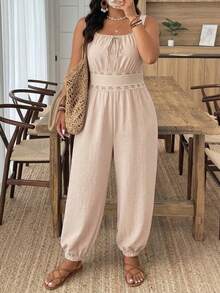 Embrisa 大码休闲度假无袖连体裤，带脚踝卷边 - 杏色 - 查看 2