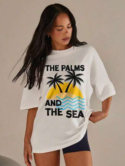Athîral 女士休闲度假通勤热带棕榈树标语印花宽松白色T恤，夏季