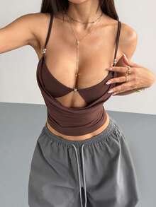 Hanevo Women's Fashionable Solid Color Adjustable Spaghetti Strap Vest, Hollow Pleated Cropped Sexy Camisole Cleavage Top Sexy Women Tops Brown Top Spaghetti Strap Top Cropped Top Women's Top Braless Tops Sexy Tops For Women Brown Tops Women's Tops For Summer - Coffee Brown - View 5