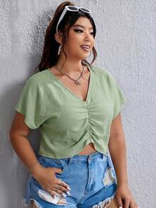 SHEIN EZwear Olive Green V-Neck Short Sleeve Blouse For Plus Size Women - Olive Green - View 3